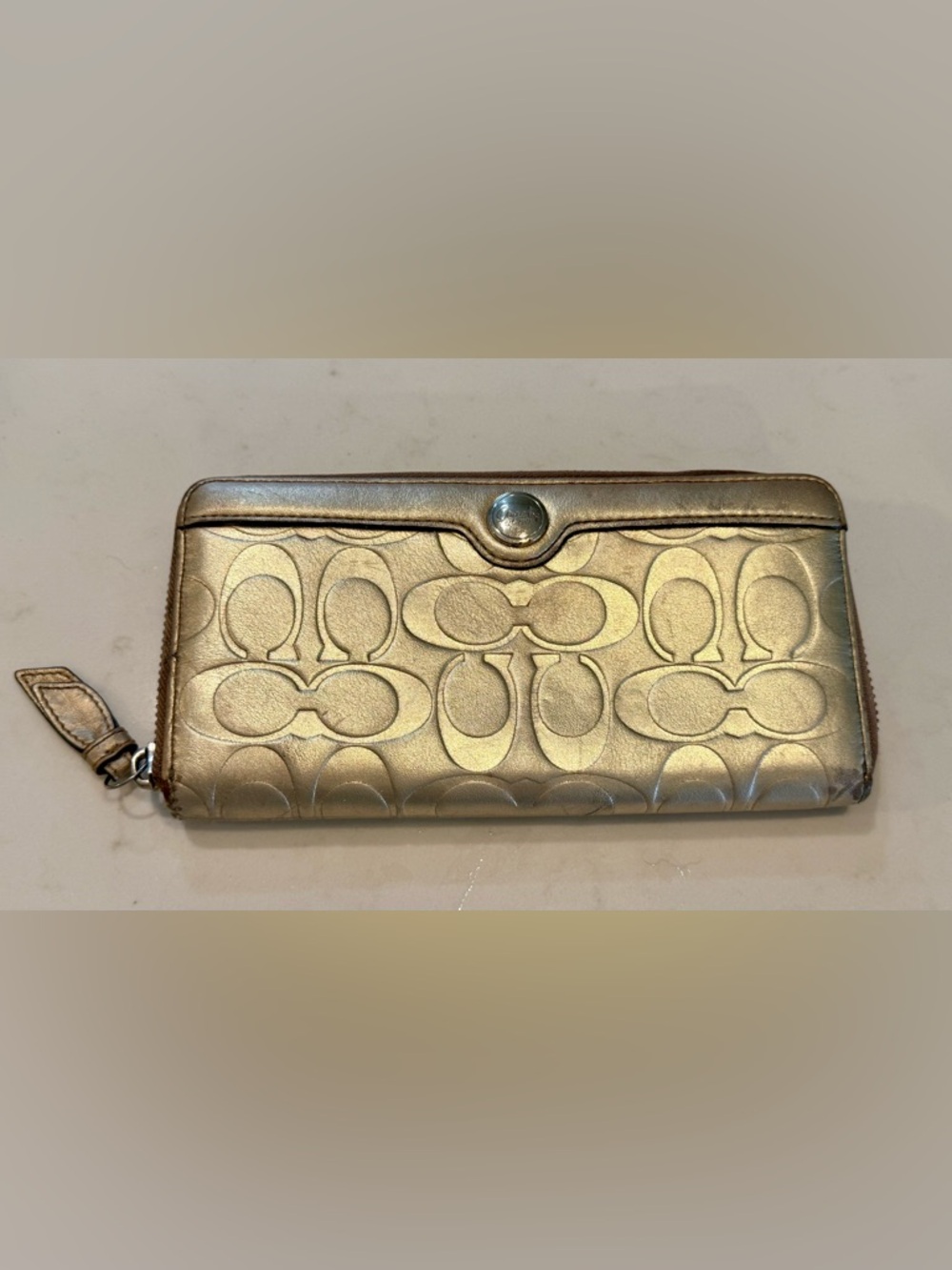 Coach Metallic Gold Signature Continental Zip Wallet